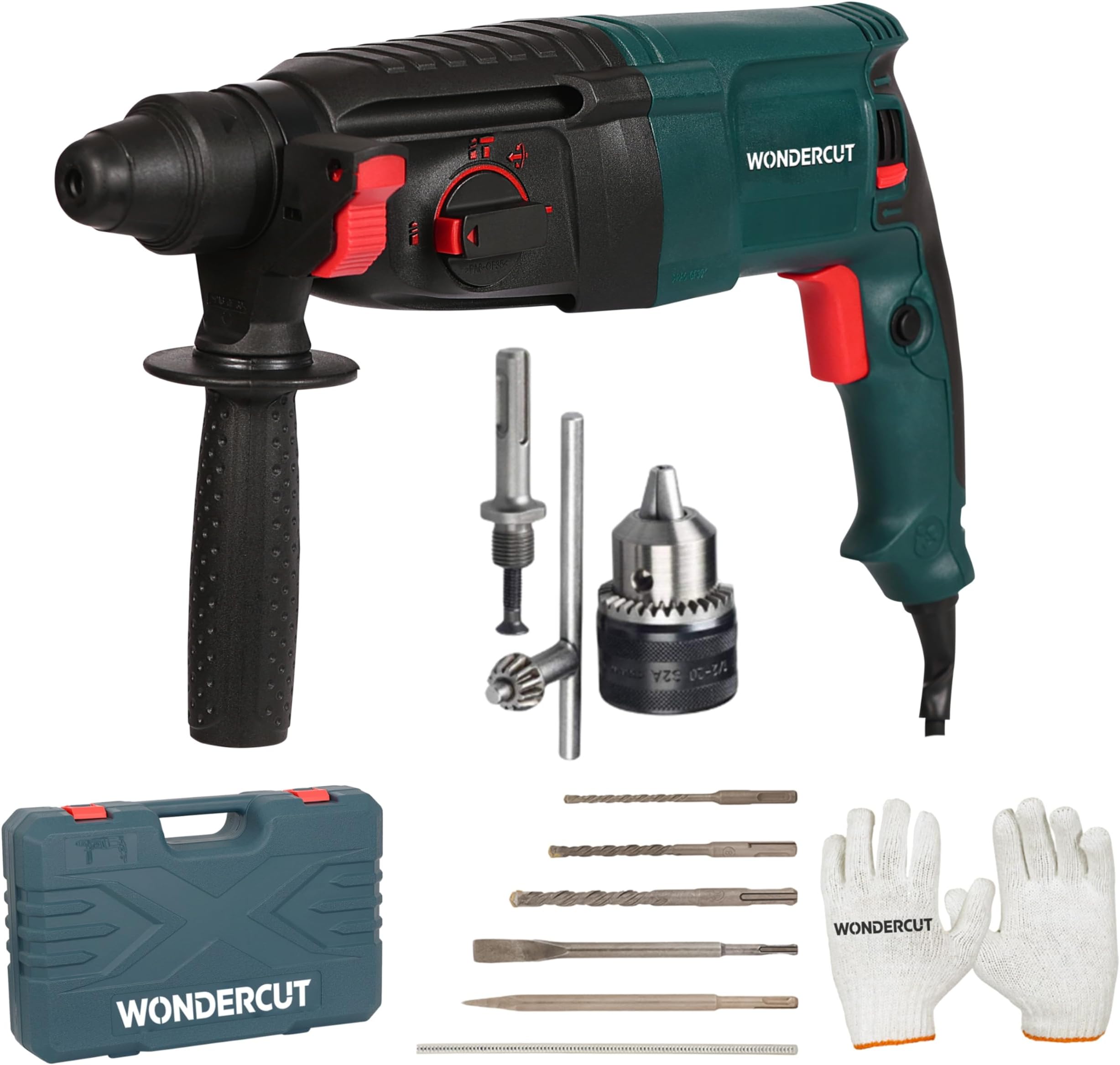 WONDERCUT WC-GP-2-26B Corded Electric Rotary Hammer with 26mm SDS Plus,1600W Copper Armature,5 Functions with Vibration Control, With Bmc Box,3 Drill Bits,2 Chisel,1 Metal Depth Gauge | Blue & Black