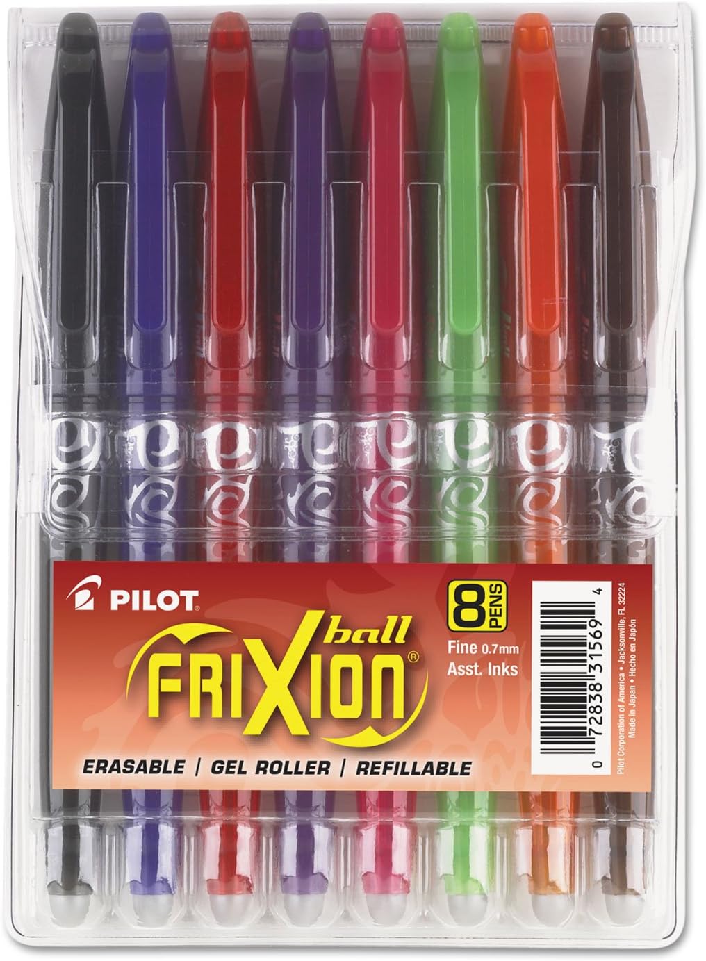 Pen 31569 FriXion Ball Erasable & Refillable Gel Ink Stick Pens, Fine Point, Assorted Color Inks, 8-Pack Pouch