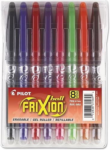 PILOT FriXion Ball - Bolígrafos de tinta de gel borrables y recargables, punta fina, tintas en colores surtidos, paquete de 8 unidades (31569)