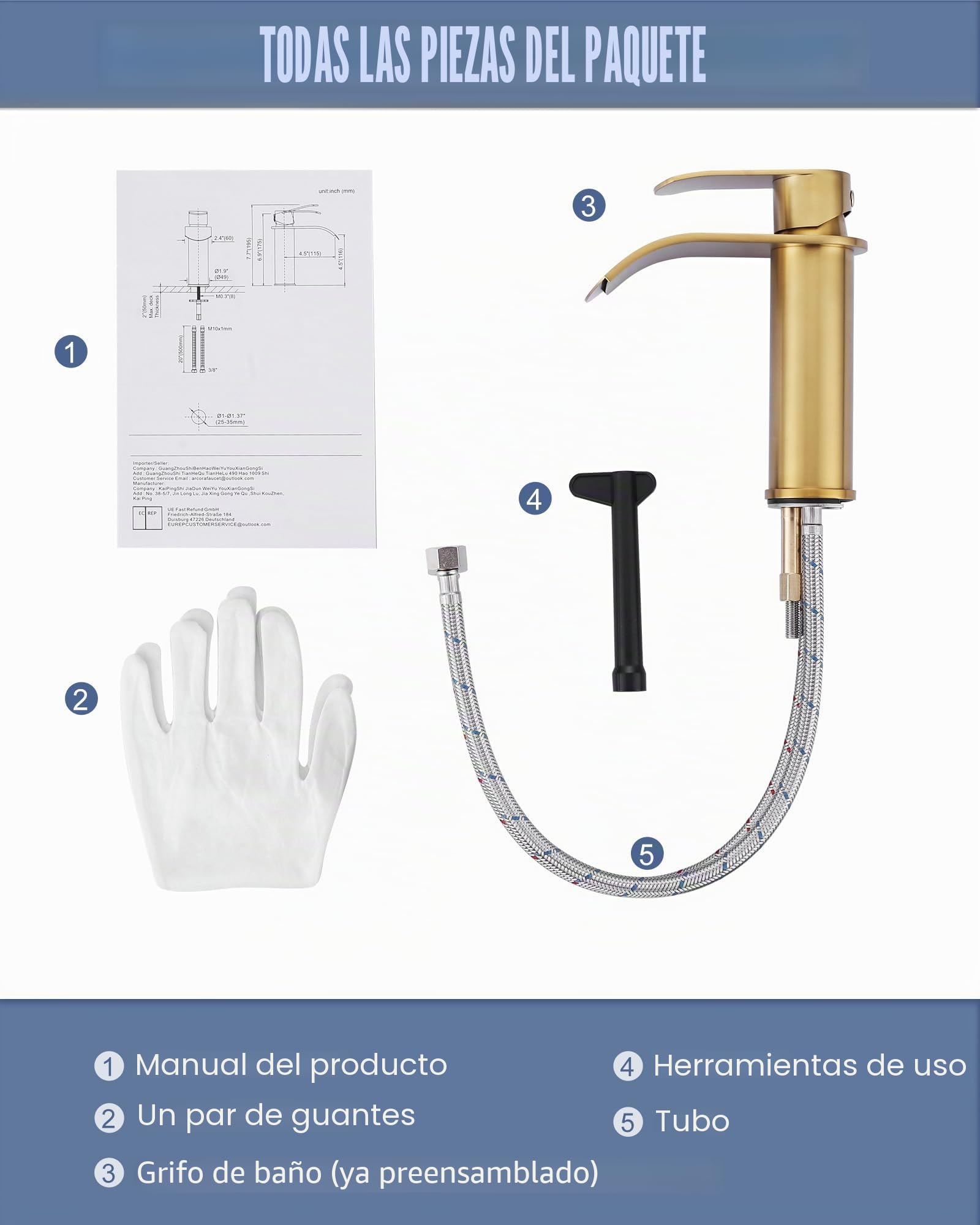 ARCORA Grifo de Lavabo, Grifo de Baño de Acero Inoxidable, con Aireador Extraíble y Cartucho Cerámico, Salida de Agua Fría y Caliente Regulable, para Lavabos de Baño, Dorado