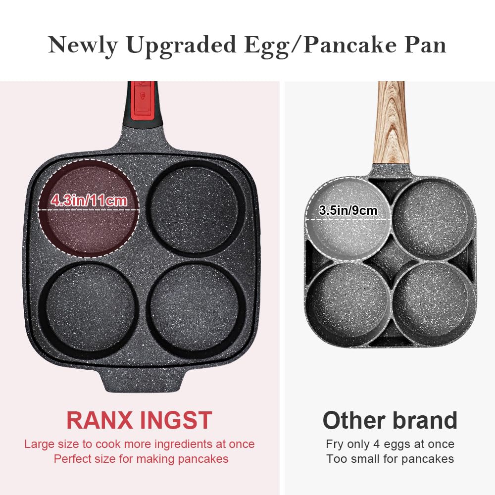 RANX INGST Padella Grande per Pancake 26 X 24 cm, Padella per Uova Fritte con Manico Rimovibile e Coperchio, Padella per Omelette 4 Fori Antiaderente