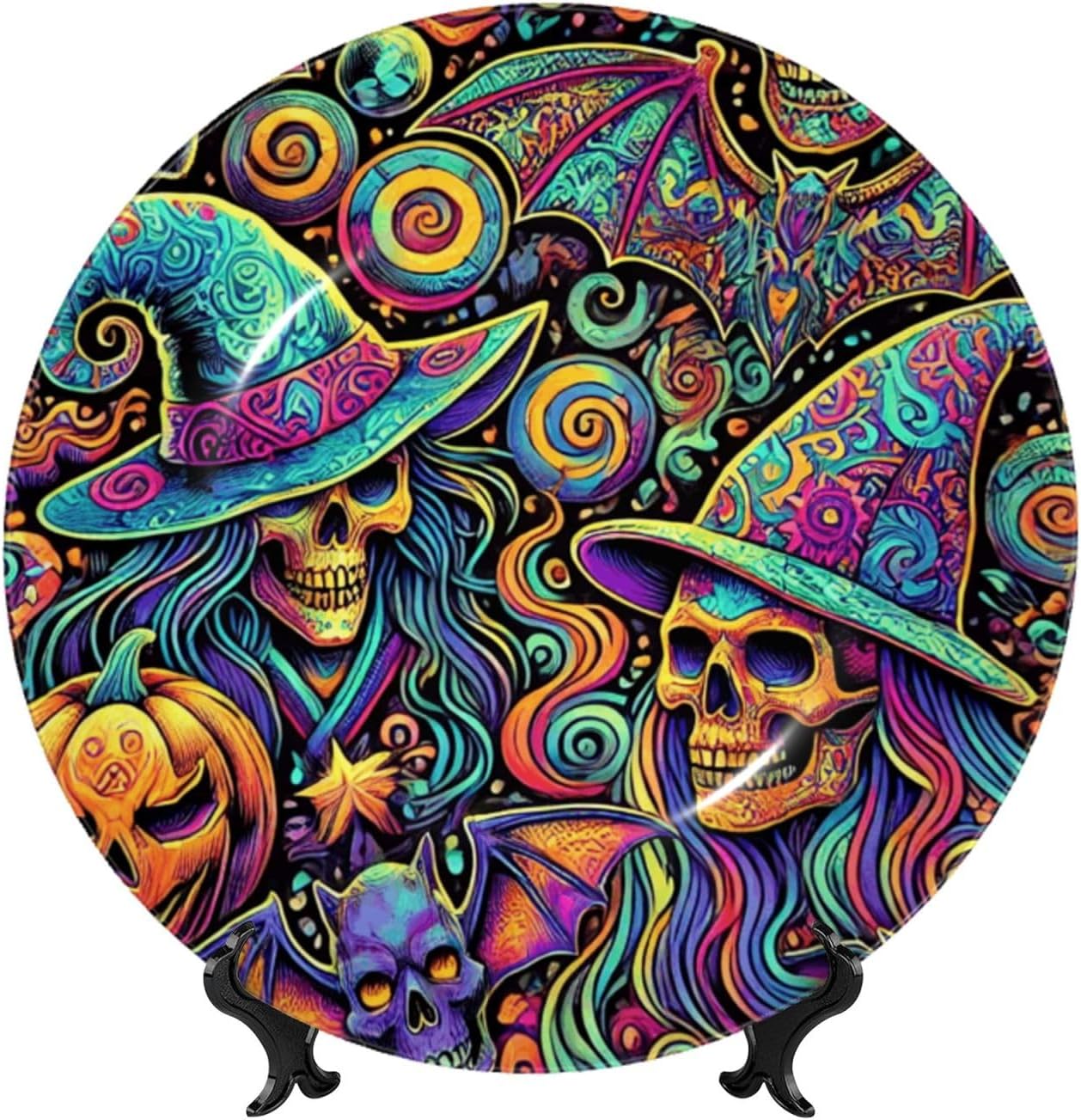 Psychedelic-Skulls-Witches-Halloween 10 Inch Decorative Plate With Stand, Elegant Display Wall Plate For Home Decor