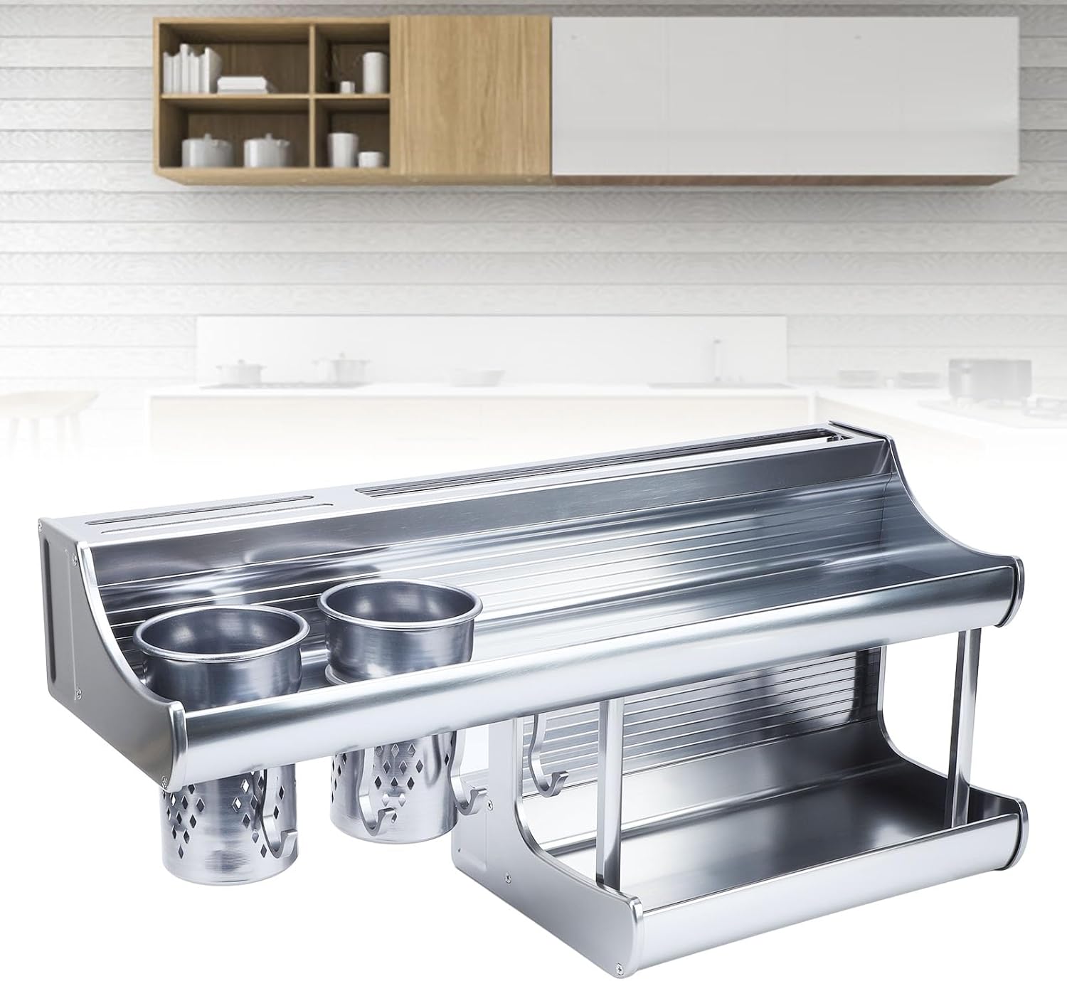 AYNEFY Wall Mounted Organizer Rack Double Cup Wall Mounted Aluminum Alloy Knife Holder Aluminum Alloy Material Chopstick Holder Aluminium Alloy for Kitchen, Shelf Utensil Racks