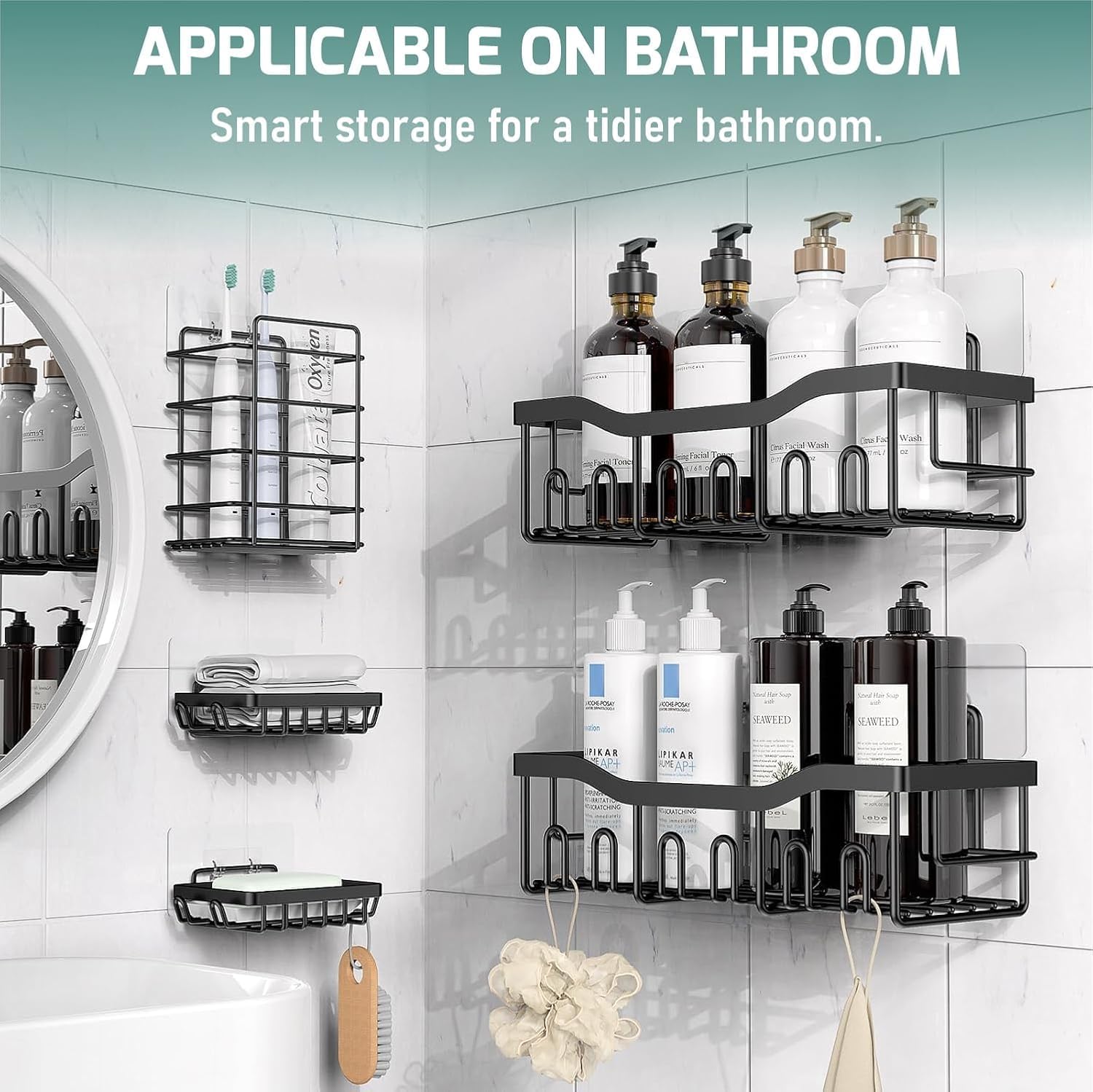 Feelon 5 Pcs Wall Mounted Self Adhesive Bathroom Shelf Set with Toothbrush Holder & Hooks | Rust-Proof Shower Caddy |Multipurpose Storage Rack for Toiletries, Kitchen & Living Room Organizer 1