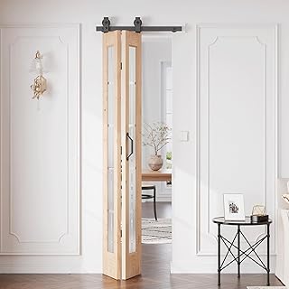 Preassembled Bifold Barn Door 24 x 84 in (Double 12x84in) with Bi-fold Door Hardware Kit, Frosted Glass Cross Transparent, Pre-Drilled Holes, French Glass Doors, Wood Slat, Fit 24in Opening