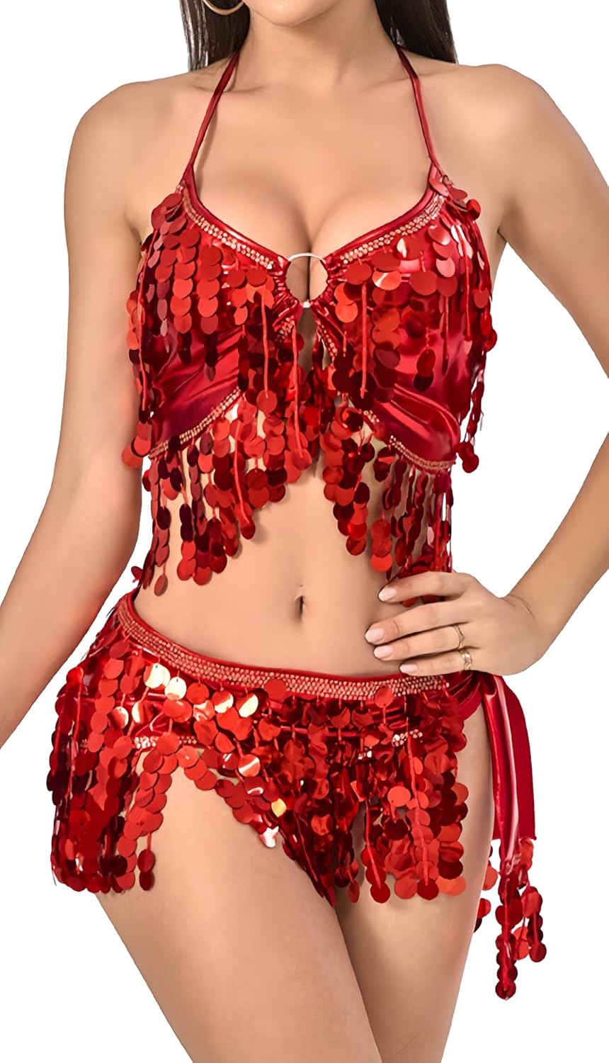 FEOYA Women's 2 Pcs Belly Dance Dress Sequins Tassel Hip Scarf with Halter Bra Top Set Latin Dance Halloween Costumes
