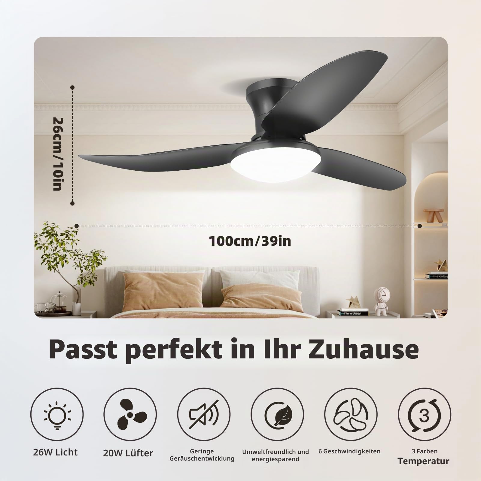100cm Deckenventilator mit Beleuchtung, Deckenleuchte mit Ventilator, Deckenlampe mit Fernbedienung | 3000~6500K, Dimmbare,6-Gang,Speicherfunktion, Leise LED Lampe für Wohnzimmer Schlafzimmer