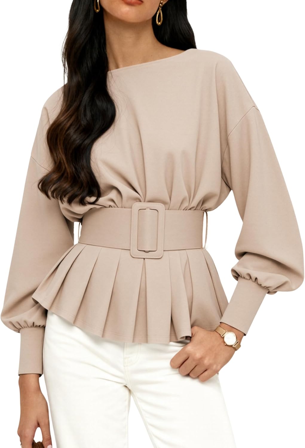 EsheSy Women's Peplum Sweatshirt Long Sleeve Boat Neck Pleated Top Dressy Casual Pullover Tunics Bussiness Shirts with Belt