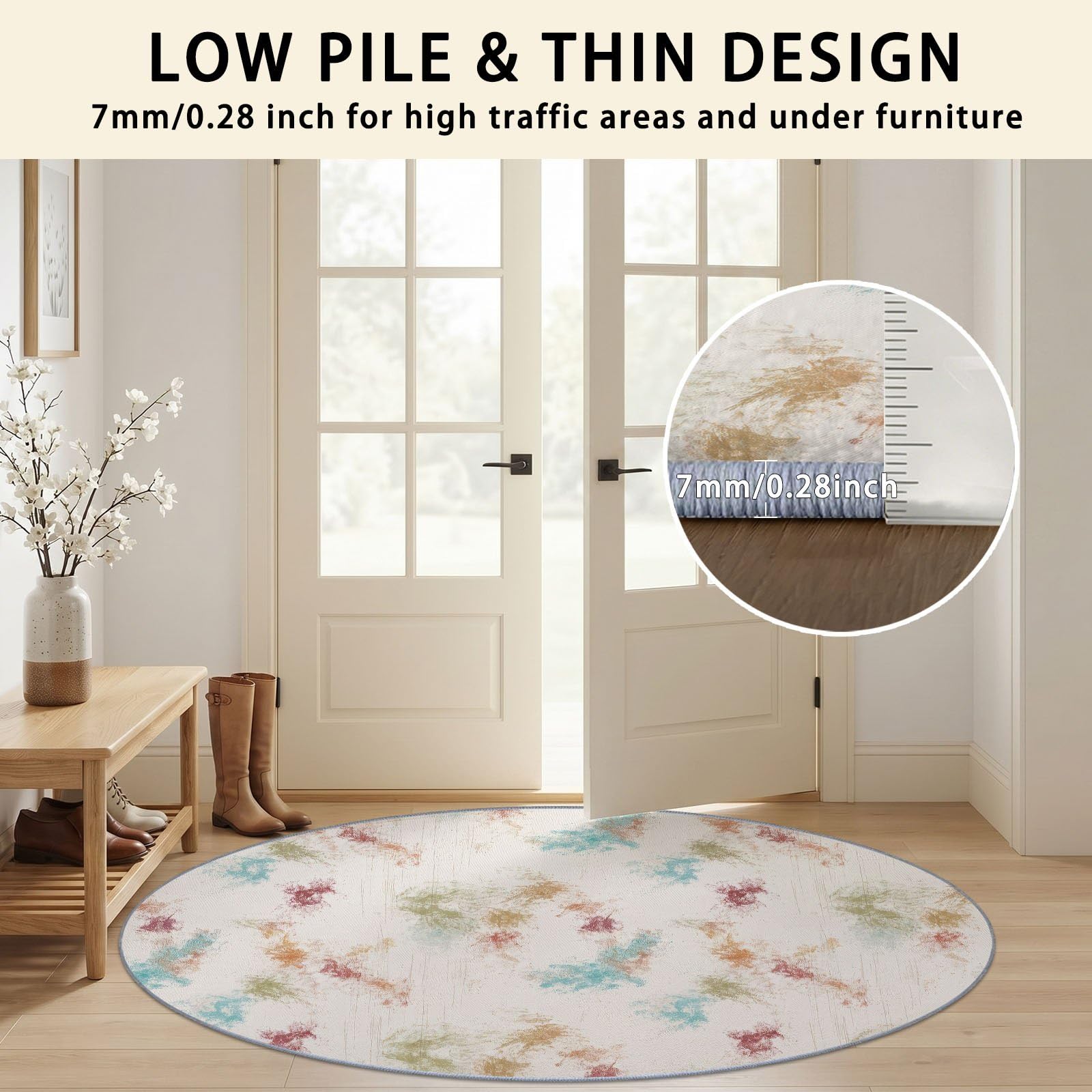 Tapis Rond Abstrait Moderne 120 cm, Éclaboussure Géométrique Lavable en Machine pour Salon, Multicolore Antidérapant, Poil Court Tapis Rond Imprimé pour Chambre d’Enfant Nurserie