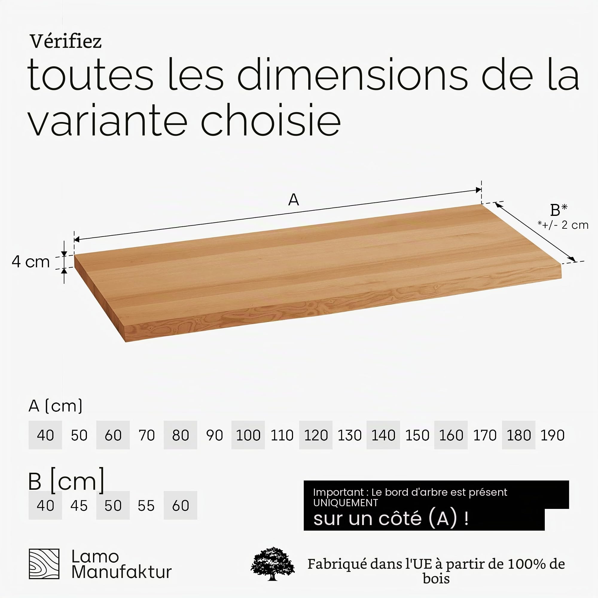 LAMO Manufaktur Plan vasque en bois, plan sous vasque salle de bain, plan de toilette, plan suspendu, bord naturel irrégulier (sans kit de fixation), 160x50 cm (L x H), Rustique, LWP-01-A-003-CO