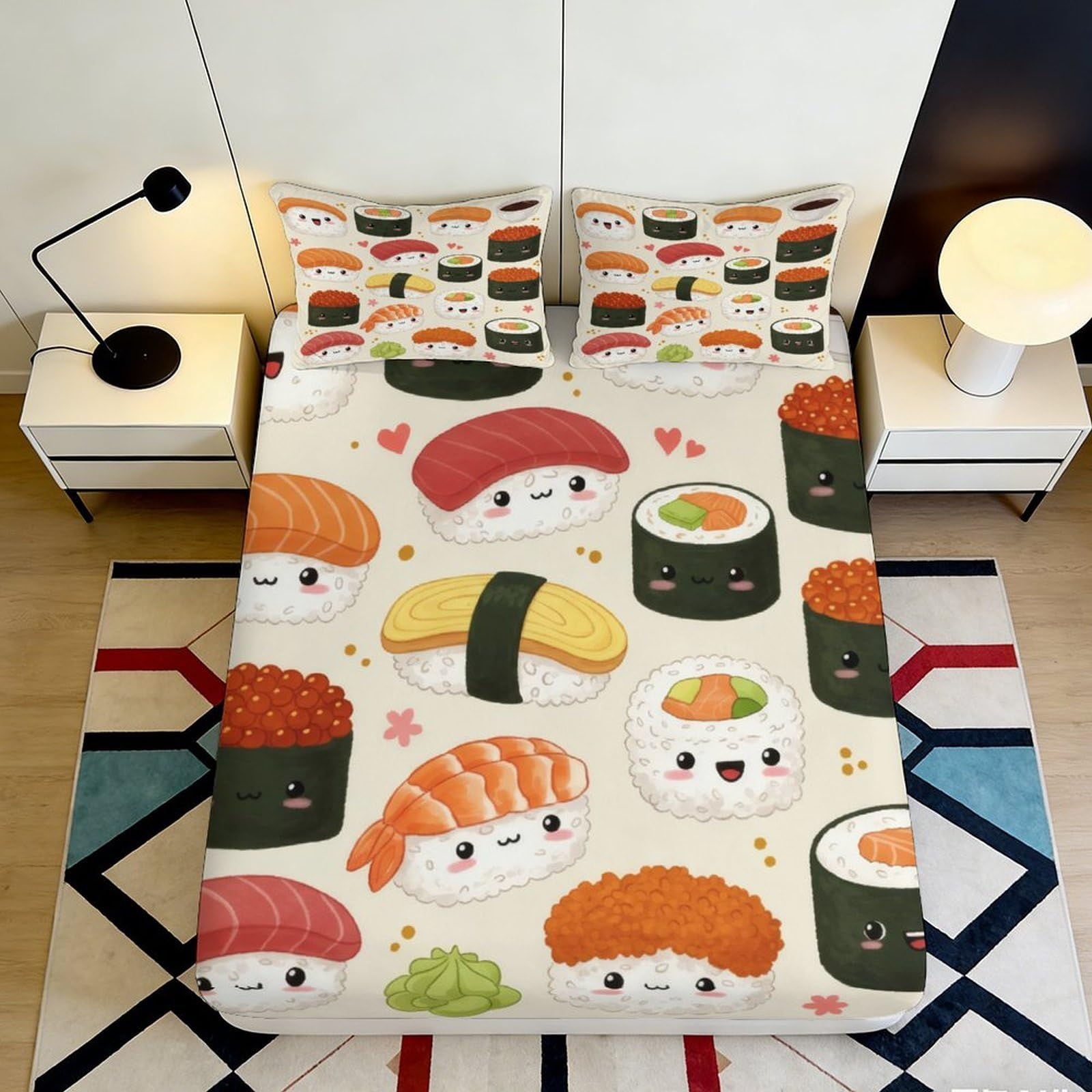 3D Printed Sushi Cartoon Fitted Sheet Microfiber Soft Breathable Kawaii Nigiri Mattress Cover for Bedroom Guest Room Decor 90x200x25cm