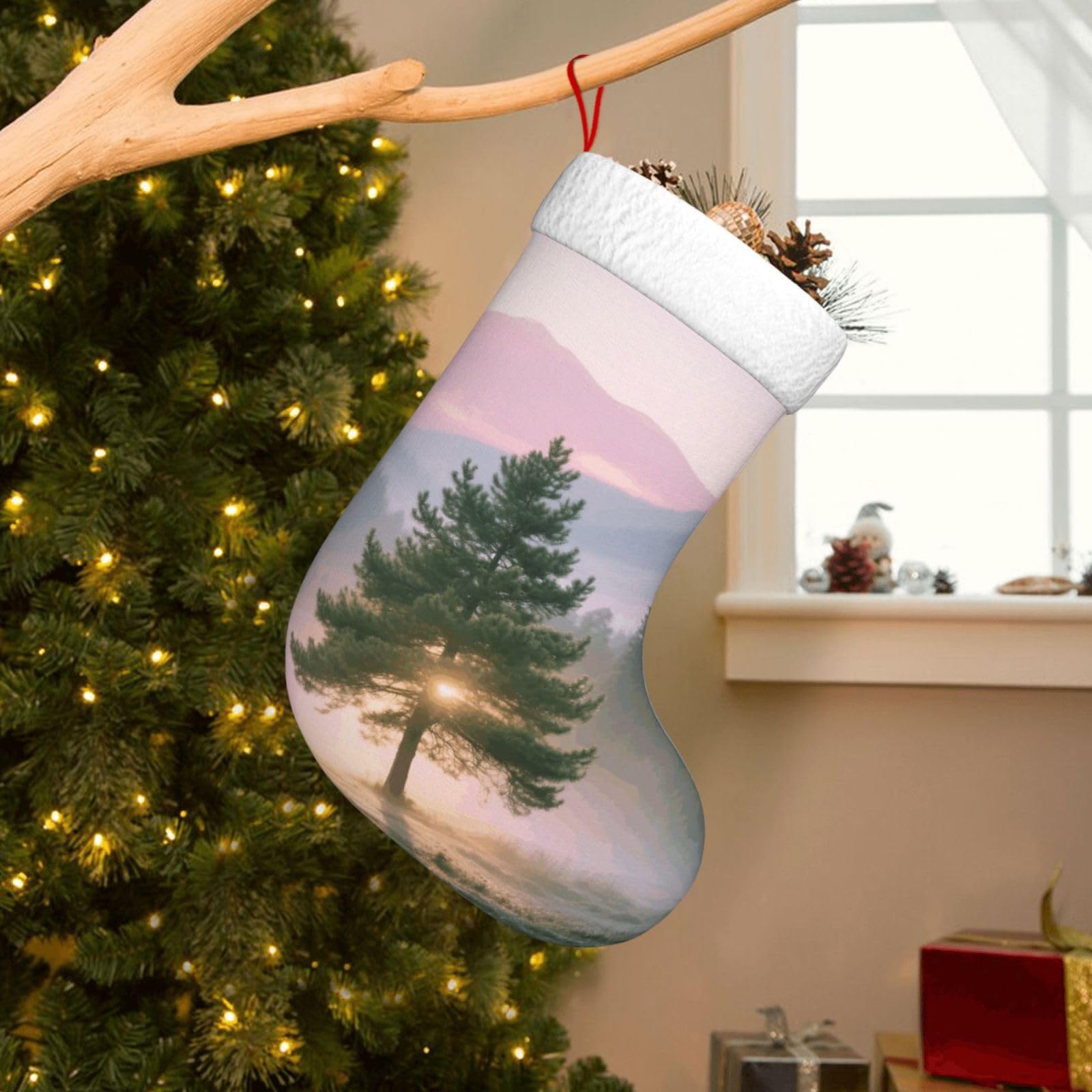 Velvet Christmas Stockings 17.7 Inch, Mountain Forest Xmas Stocking with Soft Cuff,Classic Personalized Christmas Tree Decoration for Family Holiday New Year Party Supplies