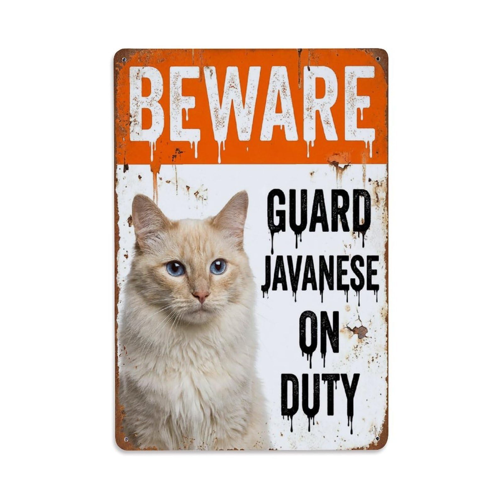 Vintage Funny Javanese Guard Beware of Cat Hallway Metal Tin Sign Plaque Wall Decor for Cafe, Club Bar, Office, Garden Metal Poster 8x12Inch