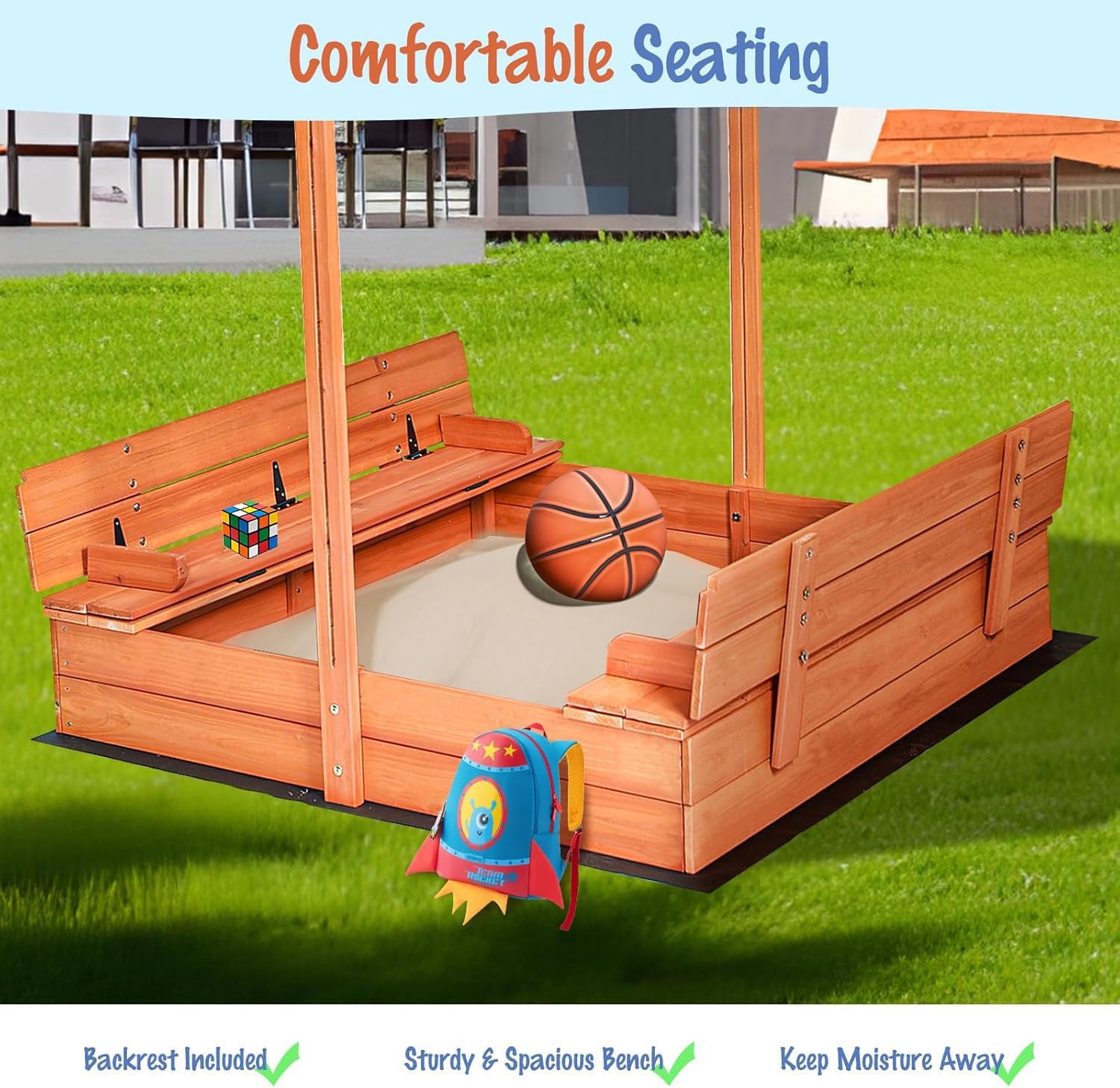 Kids Wooden Sandbox with Cover, Foldable Bench Seats, Retractable Roof, Outdoor Playset, Large Sand Pit with Lid (Natural Wood, Blue & White Striped Canopy, 48 Inch)