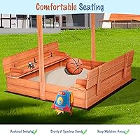 Vista 4 de Caja de arena de madera para niños con cubierta, asientos de banco plegables, techo retráctil, juego al aire libre, gran pozo de arena con tapa