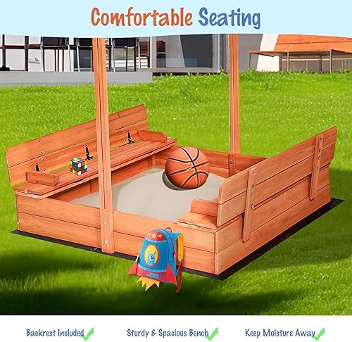 Miniatura 4 de Caja de arena de madera para niños con cubierta, asientos de banco plegables, techo retráctil, juego al aire libre, gran pozo de arena con tapa