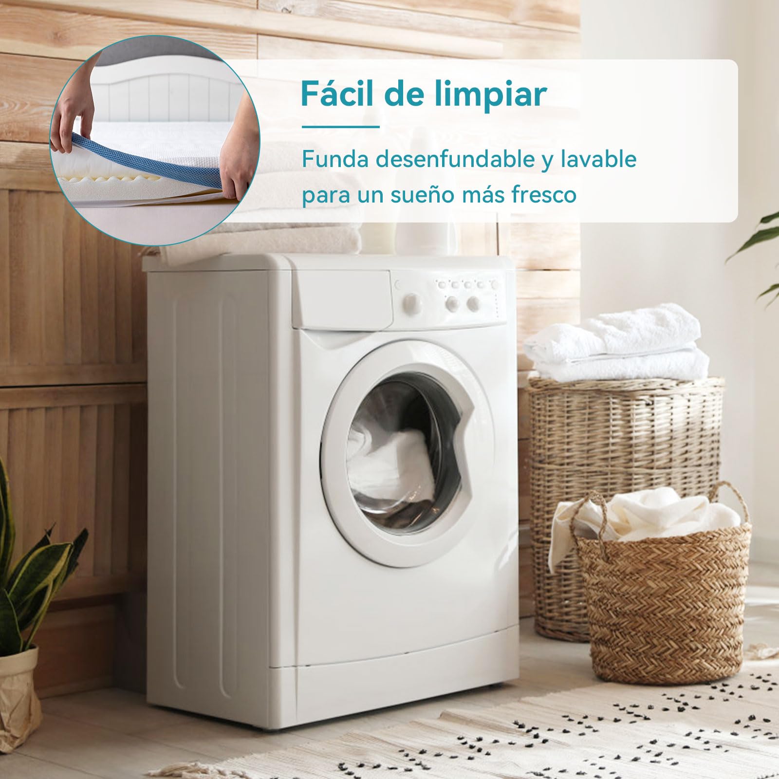 Amazon Basics Colchón de Espuma viscoelástica Topper con memoria con Funda removible y lavable, 135 x 190 cm, 5 cm, Blanco