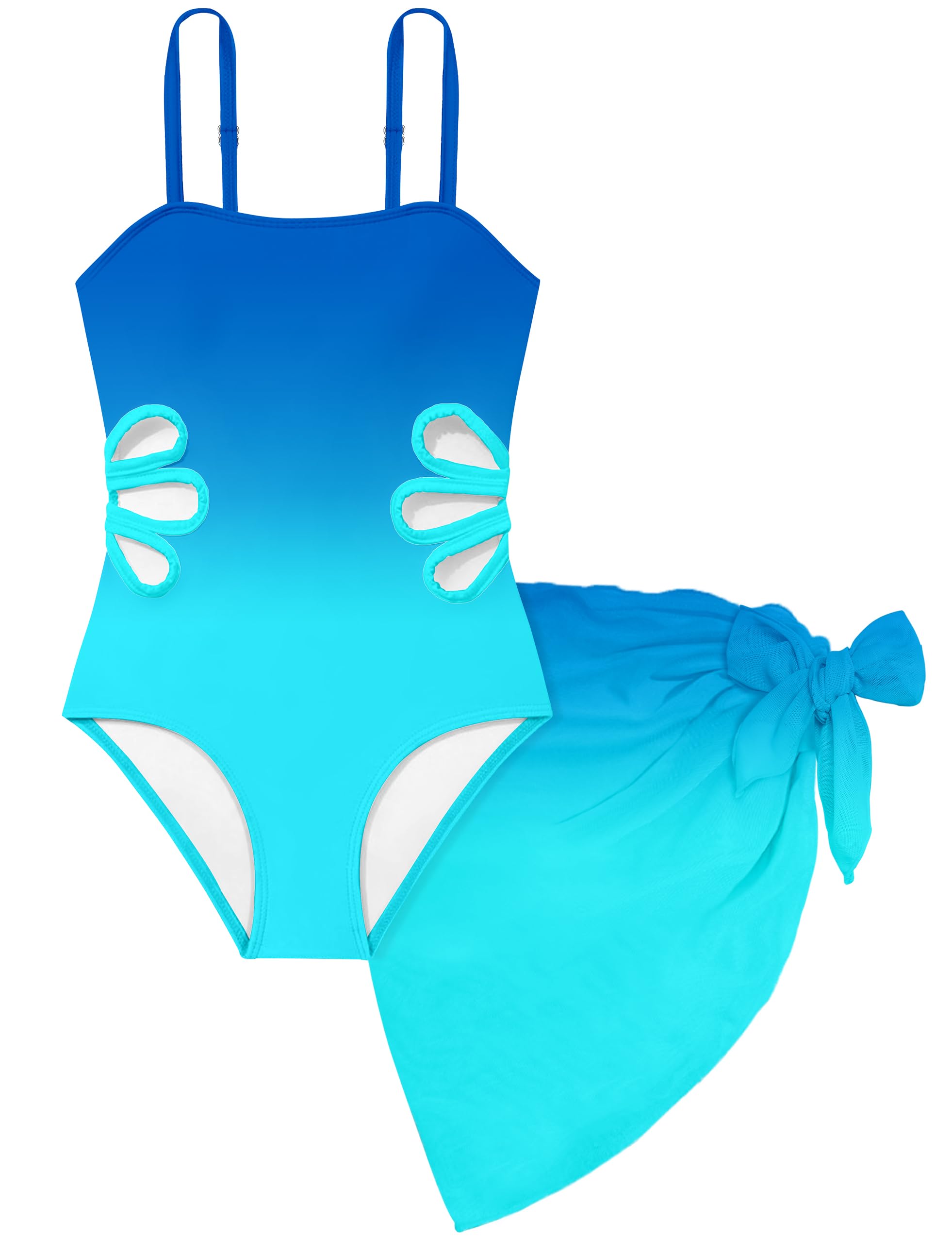 Girls Swimsuit Adjustable Straps Cut Out One Piece Bathing Suit with Solid Color Cover Up Skirt Girls' Swimwear 5-16Y