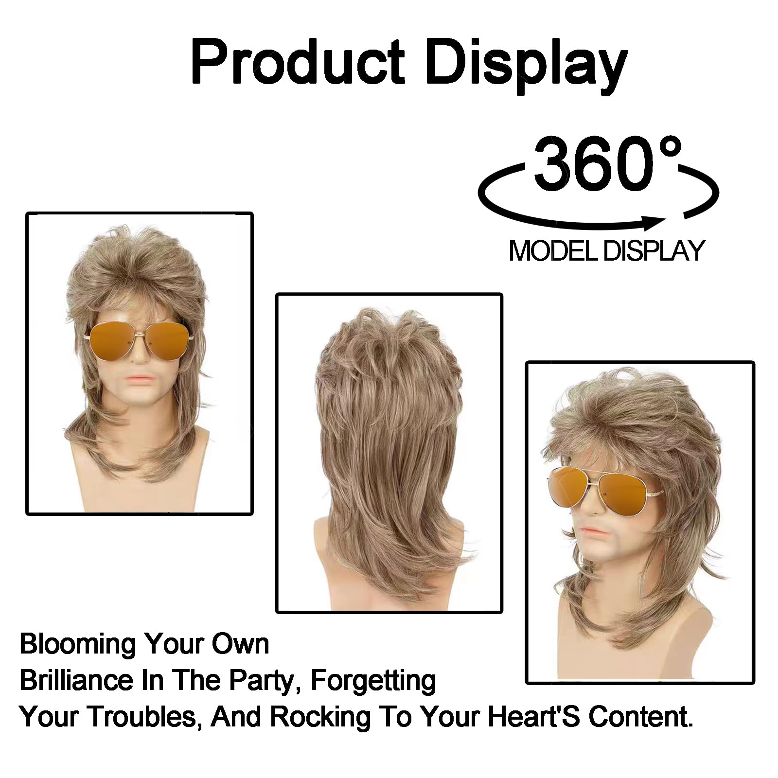 5 Pcs Brown Wig Set - Pop Rock 80s Mullet Wave Hair for Men - Artificial Halloween Costume Party Fashion Accessories - Image 3