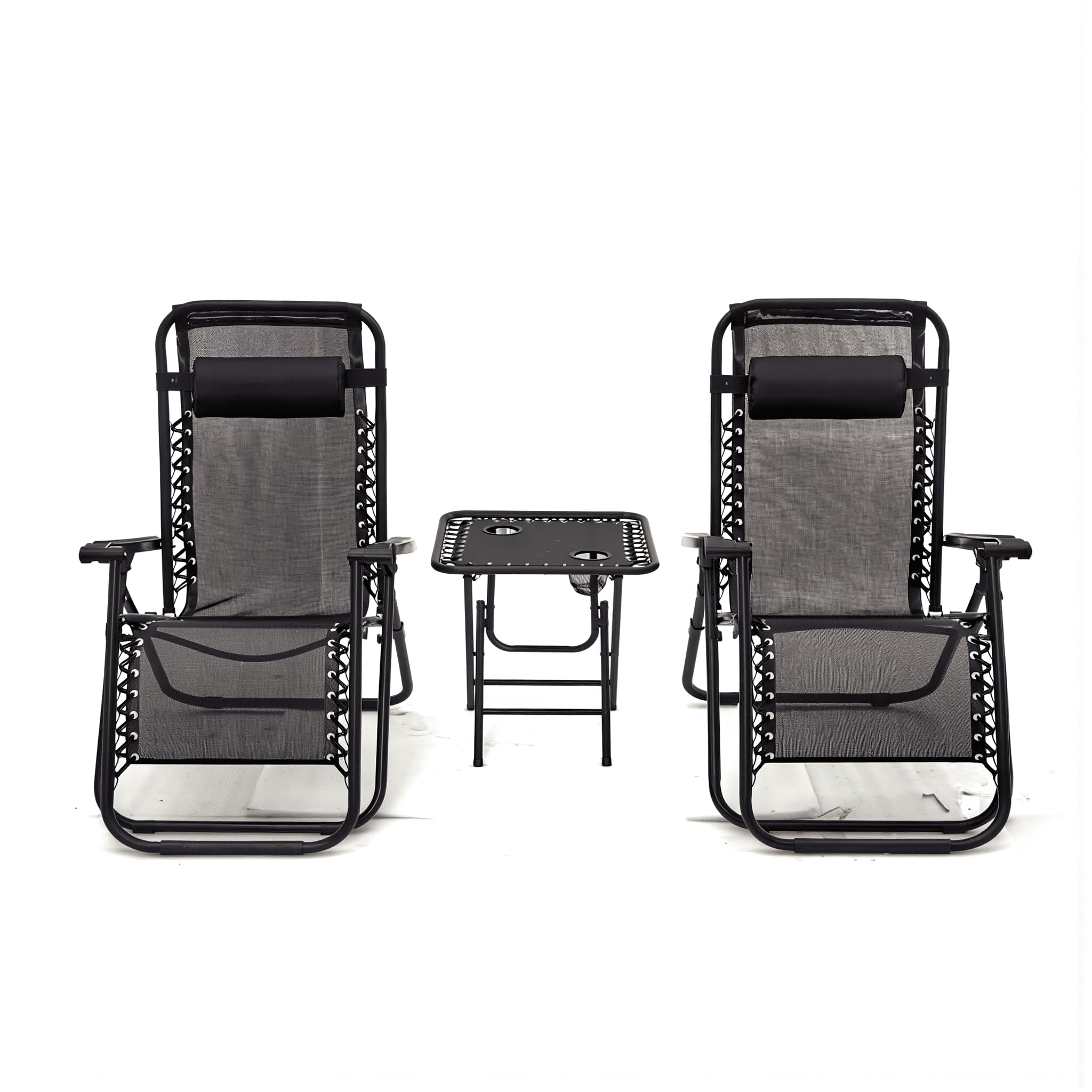 Set 2 Sdraio Zero Gravity con Tavolino 3 Pezzi – Sedia Reclinabile Pieghevole Textilene Nero – Schienale Bloccabile – Portata 120 kg – Arredo Giardino Terrazzo Piscina Mare Spiaggia