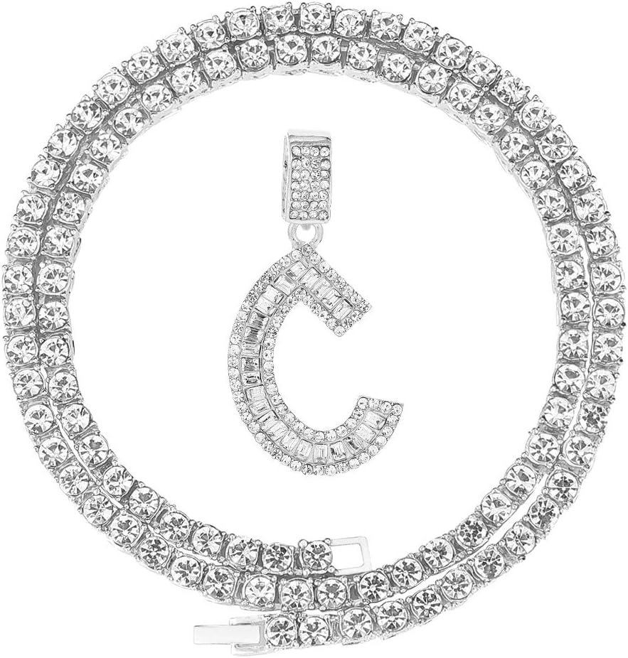HH Bling Silver Gold Iced Out Baguette Initial Letter Necklaces for Men Women, Big Cz Diamond Capital Letter Pendant A-Z with Rope Tennis Chains