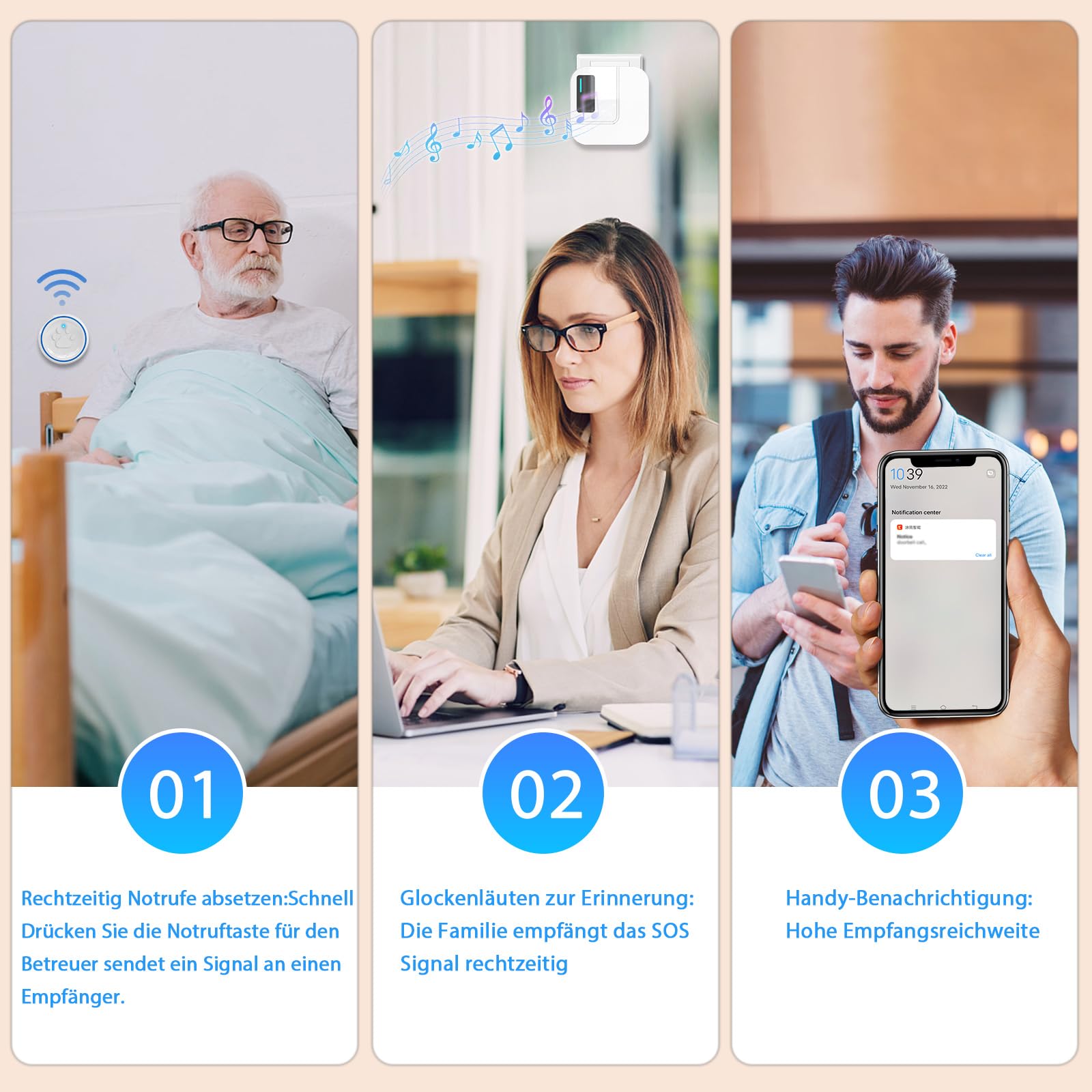 DAYTEE Mobile Türklingel, WiFi Tuya Smart Doorbell, Touch Outdoor Waterproof Doorbell (Weiß 1*Empfänger +2*Sender)