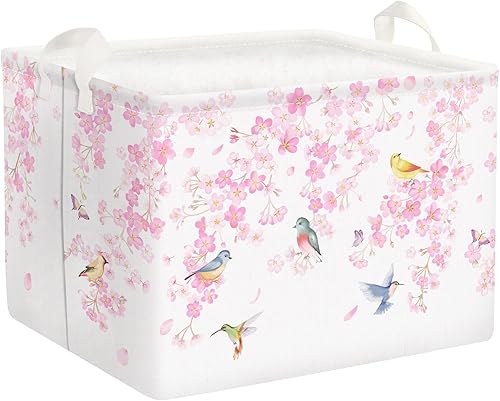 Clastyle Cesta de almacenamiento rectangular de flores de cerezo de primavera para niña, pájaro rosa, cesta de almacenamiento, 36 L