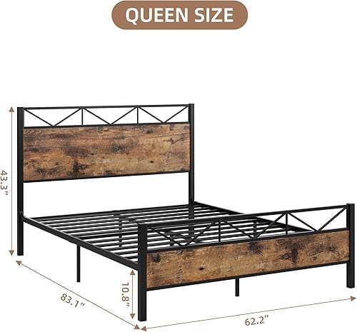 Miniatura 2 de GAOMON Base de cama tamaño Queen, marco de cama de plataforma de metal con cabecera y estribo de madera rústica vintage, sin ruido, fácil montaje,