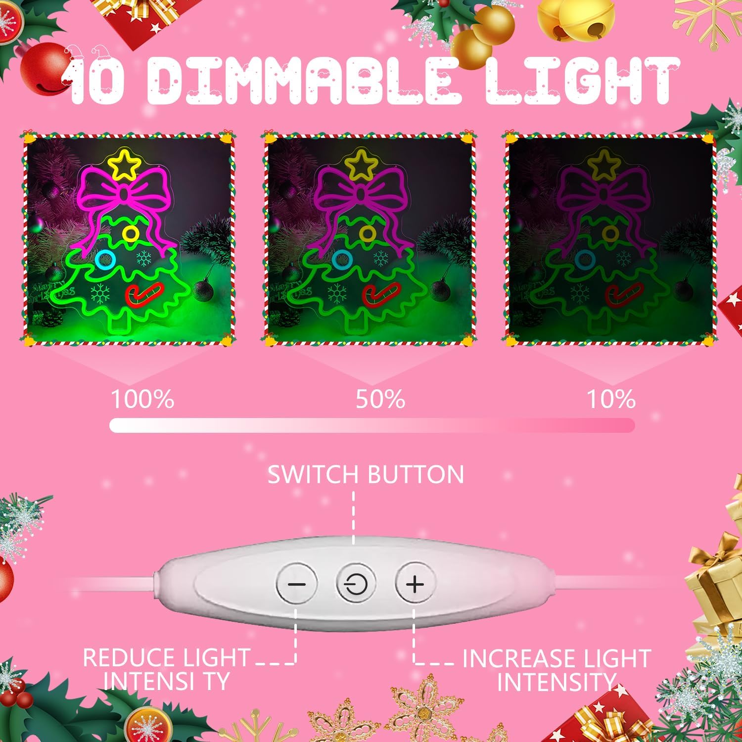 Christmas Neon Sign Pink Bow Christmas Tree Neon Sign for Wall Decor Xmas Tree Led Sign with Star Candy Neon Light Up Signs for Bedroom Window Holiday Door Xmas Party Home Decoration Winter Porch - Image 5