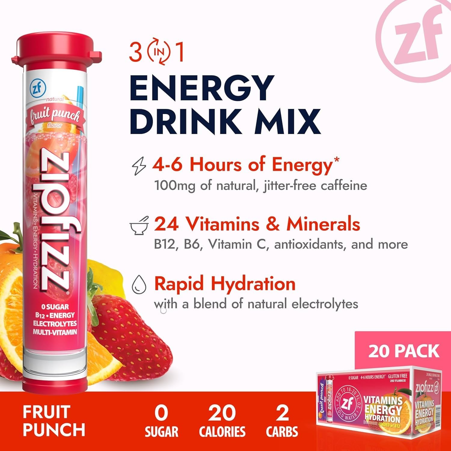 Zipfizz Healthy Energy Drink Mix, Fruit Punch, 20 Count