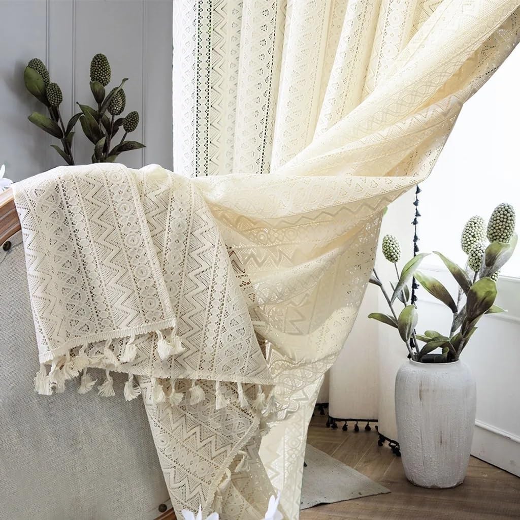 RunFar shop Lot de 2 rideaux bohème beige vintage français rétro tricoté transparent en dentelle pour salon, chambre à coucher