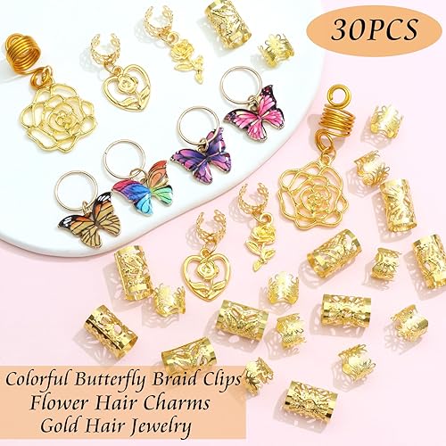 Miniatura 2 de VENOFEN 30 clips de mariposa para trenzas, joyería de cabello dorado para trenzas de flores y primavera, pulseras de mariposas coloridas, accesorios