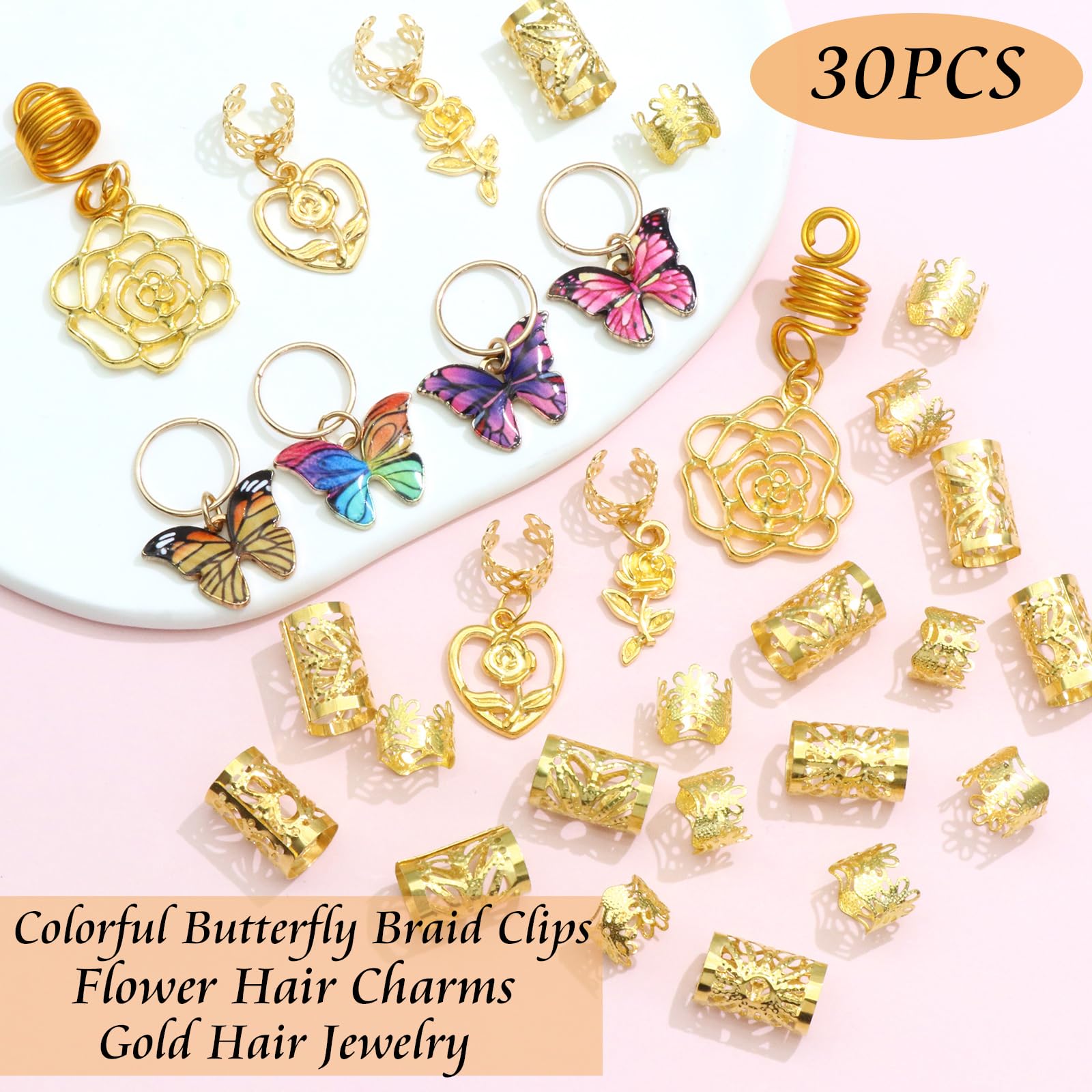 Hair Cuff Rings 30Pcs Butterfly Hair Charms - Gold Braid Accessories