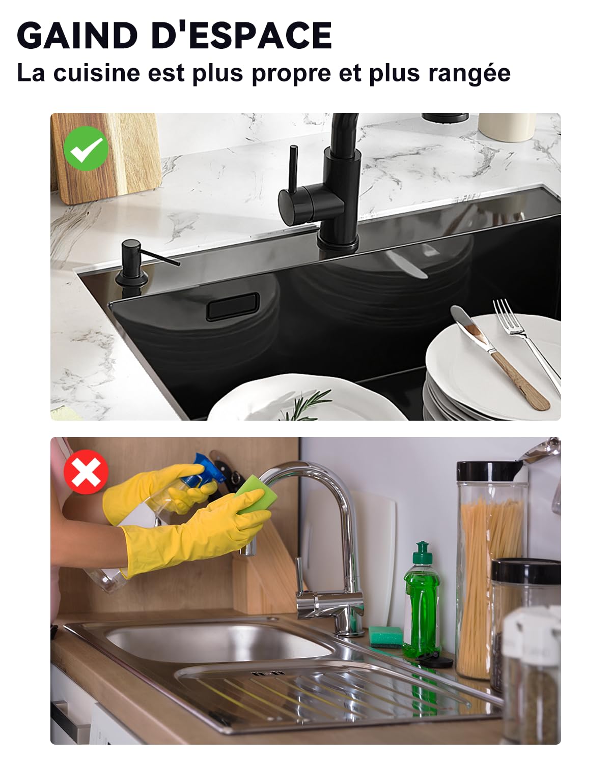 Distributeur Savon Encastrable Noir, Distributeur Savon Cuisine pour Évier, Distributeur Liquide Vaisselle avec Bouteille 300 ML et Tuyau de 1,2 M, Distributeur de Savon en Cuivre, Écrou Métal