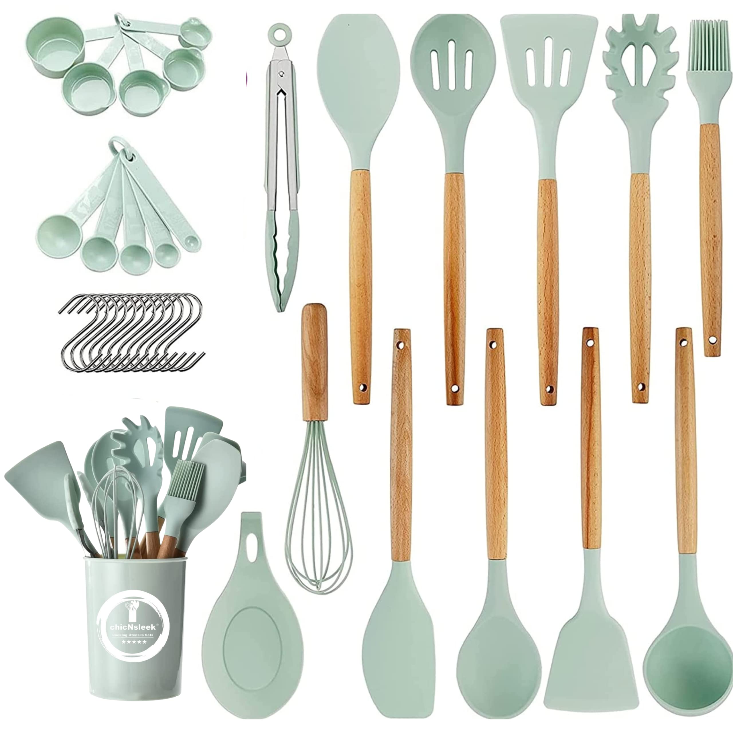 chicNsleekSilicone Kitchen Utensils Set - 33pcs Non-Stick Cooking Utensils Set with Holder - Silicone Spatula Kitchen Set - Wooden Handle Heat Resistant Kitchen Gadgets Tools
