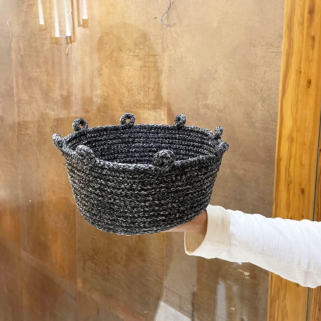 ST SAPROSE ® Polypropylene Multipurpose Handmade Decorative storage basket for home (1pc pack) , Organizer for side table KNIT ART BASKET (GREY)