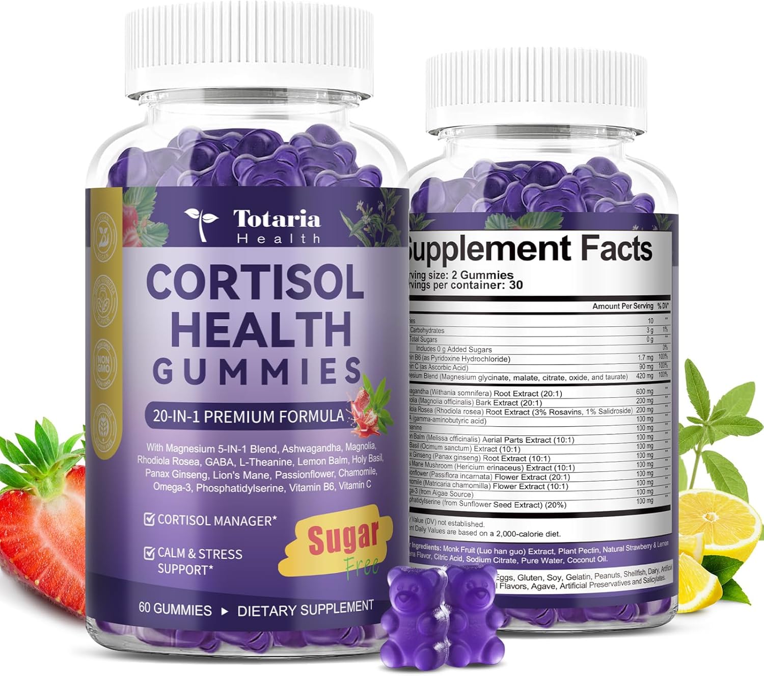 2 Bottles Cortisol Supplements for Women & Men 20-in-1 Cortisol Gummies with Ashwagandha Rhodiola Rosea Magnesium Phosphatidylserine Calm Focus Mood Support Healthy Cortisol Levels 30 Day Supply