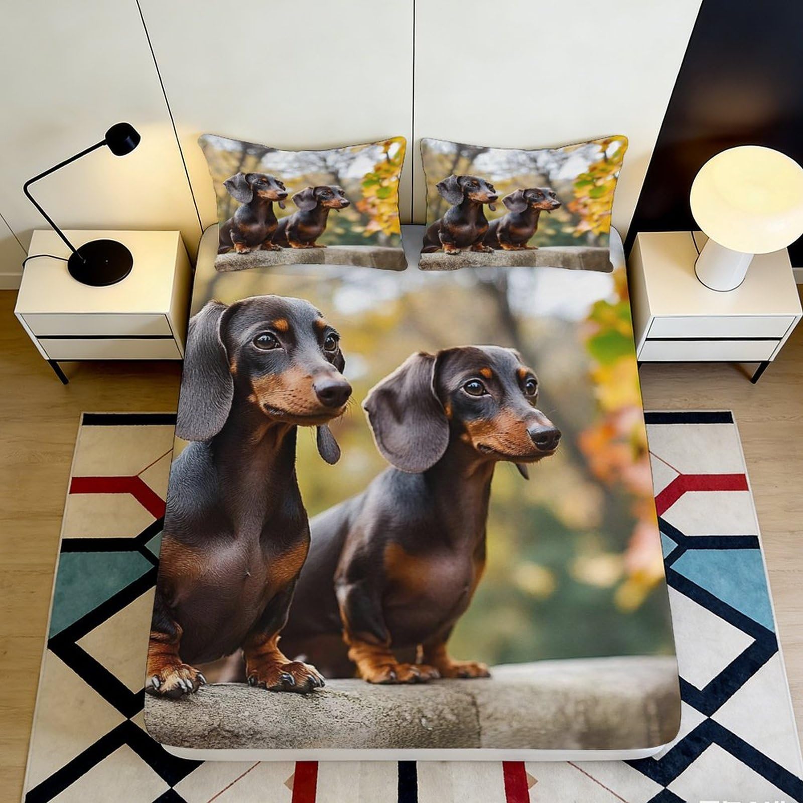 3D Printed Dachshund Dog Fitted Sheet Microfiber Soft Brown Black Puppy Bed Cover for Bedroom Guest Room Decor 90x200x25cm
