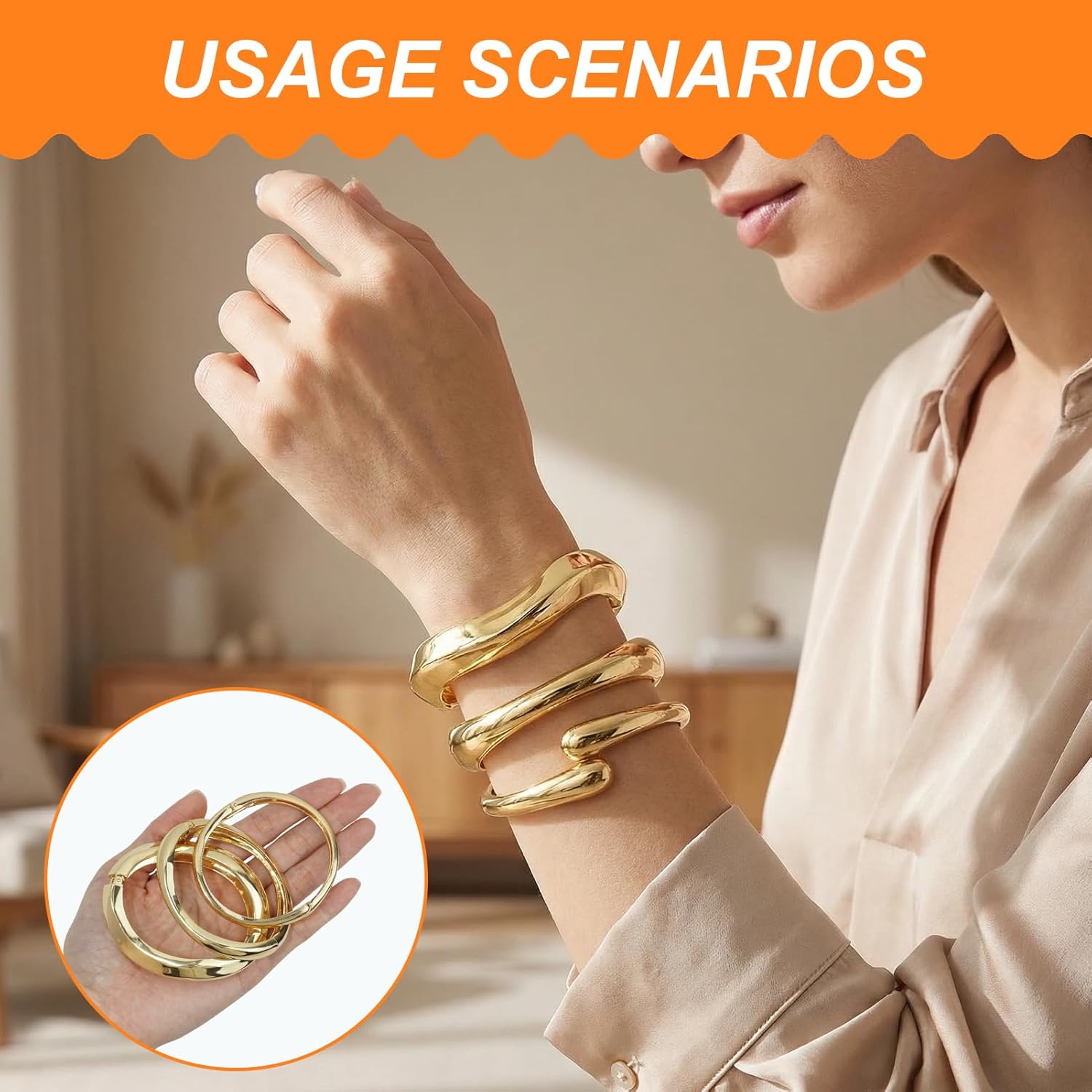 3 Pcs Gold Bangles Bracelets for Women Set, 18K Chunky Gold Plated Cuff Bangle Bracelet Stack, Waterproof Non Tarnish Big Twist Wide Stretch Bangles Fashion Jewelry Gifts for Women - Image 4