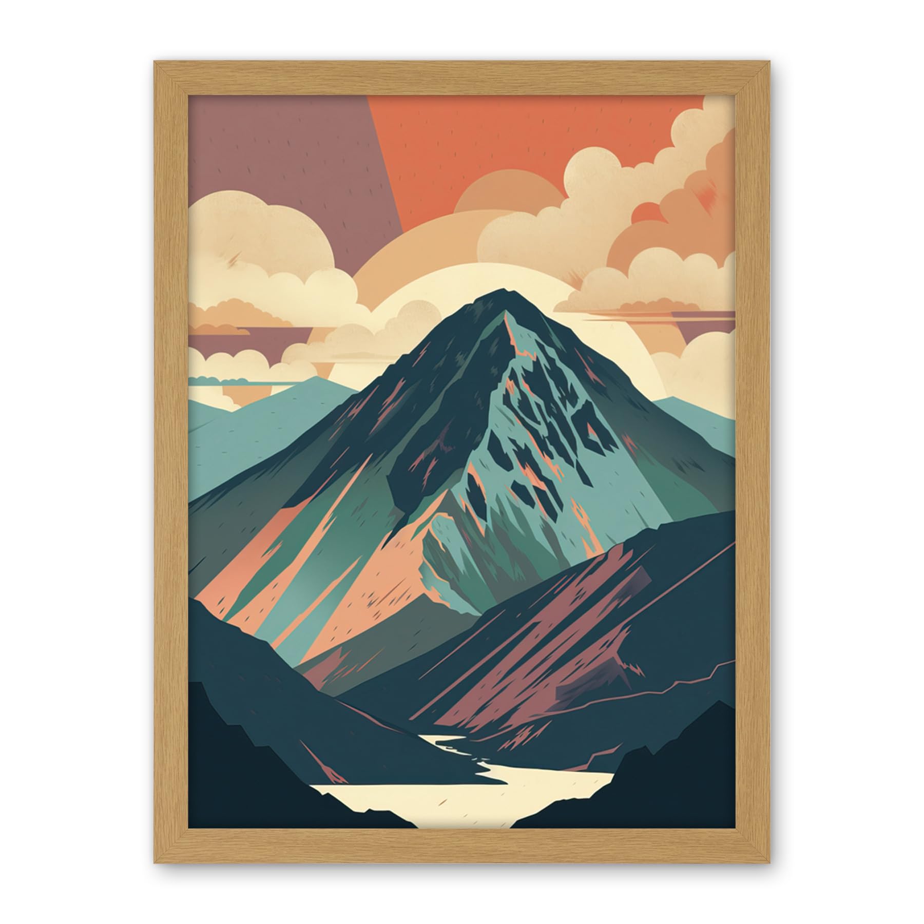 Artery8 Mountain Hill Sunrise Boho Landscape Illustration Artwork Framed Wall Art Print 18X24 Inch