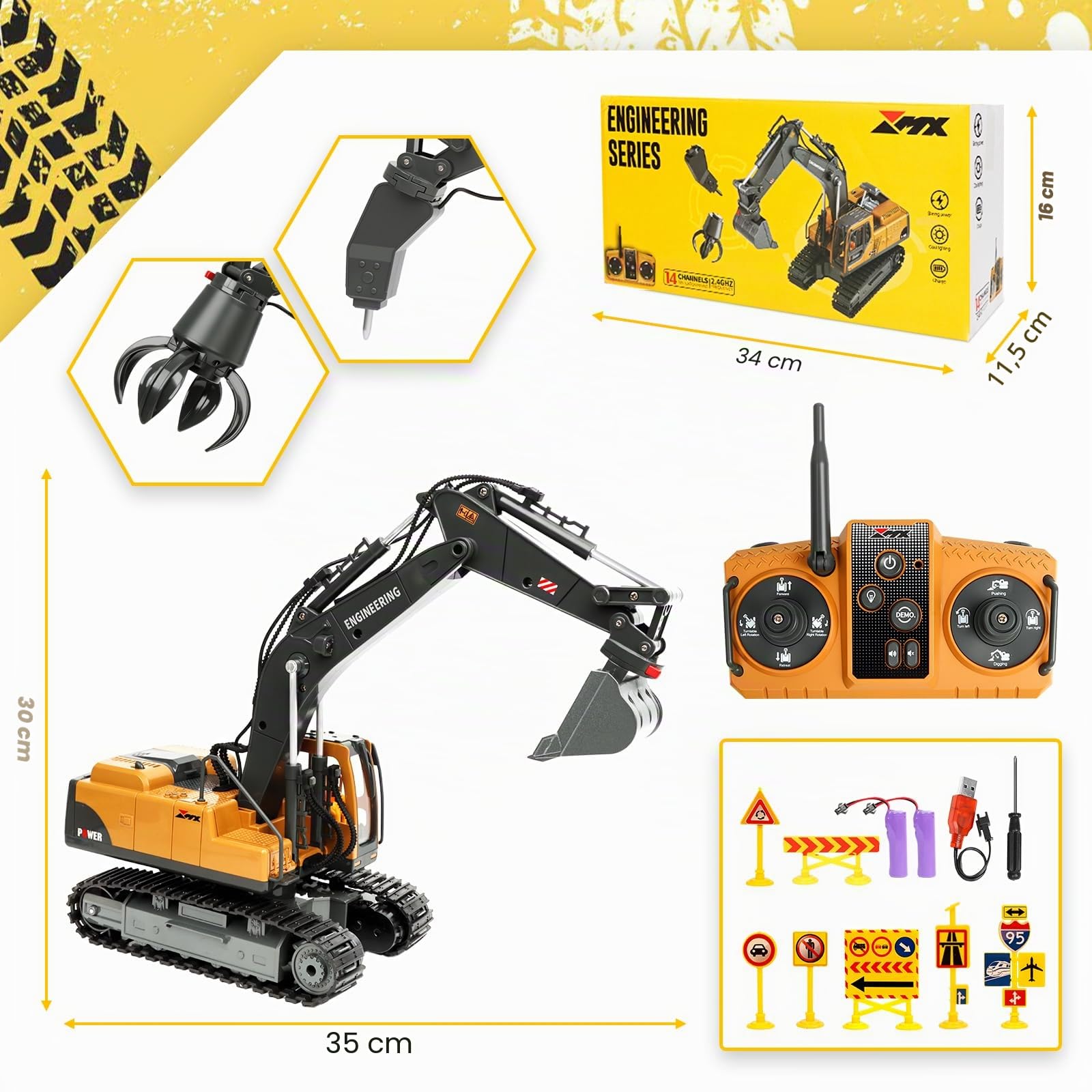 Charmofun Pelleteuse Télécommandée 3-en-1, 2,4GHz RC avec 3 Têtes Métalliques, Cabine Pivotante 680° avec Lumières et Musique, Jouet Engin de Chantier Cadeau Enfant 3-12 Ans