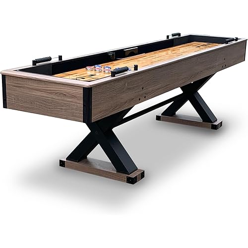 Hathaway Excalibur 9-Ft Shuffleboard Table for Great for Family Recreation Game Rooms, Designed with a Rustic Driftwood Finish with Built-In Leg Levelers, Includes 8 Pucks, Table Brush and Wax
