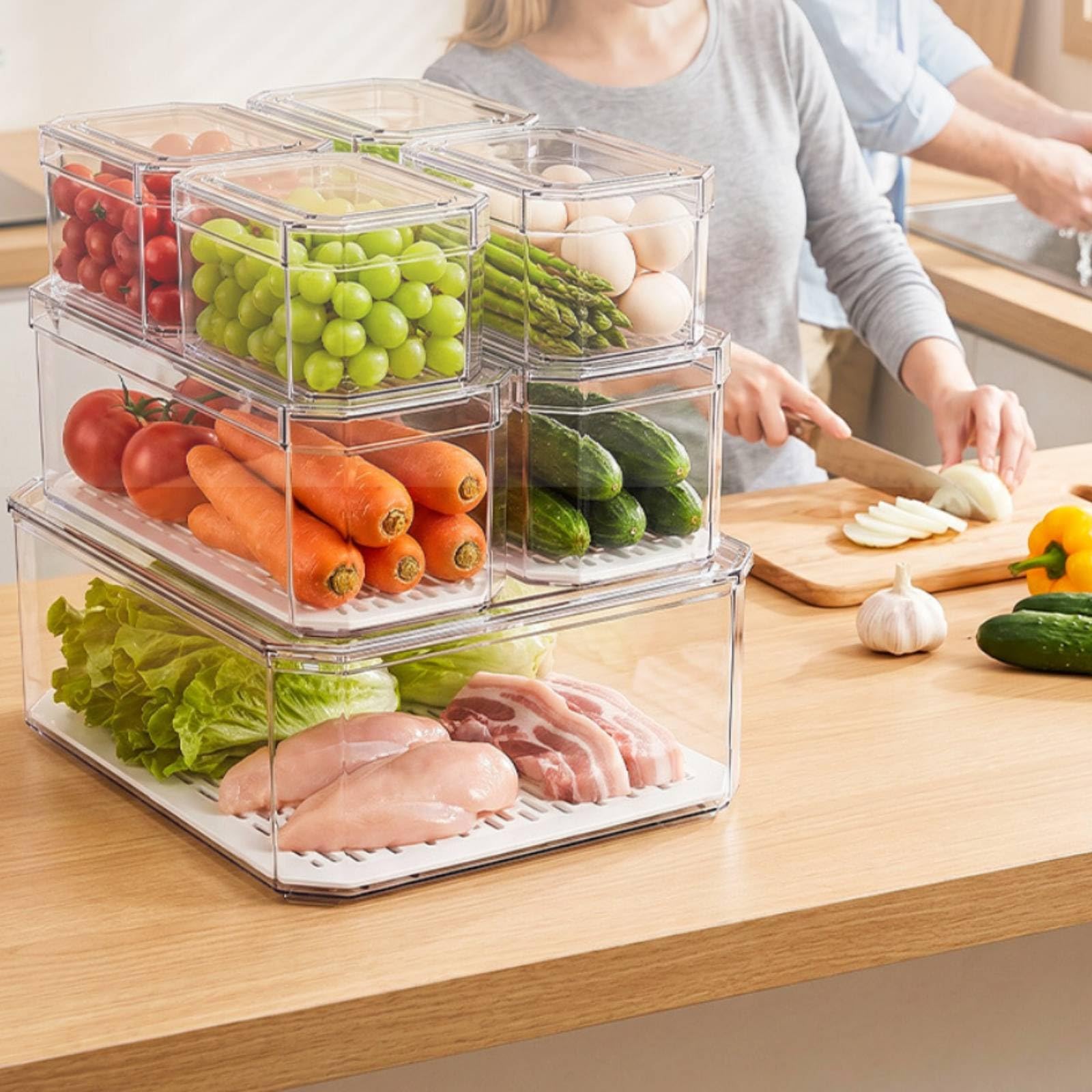 7 Pezzi Contenitore con Vassoio Forato Trasparente Contenitore Impilabile Leggero Organizer da Cucina per Ripostiglio