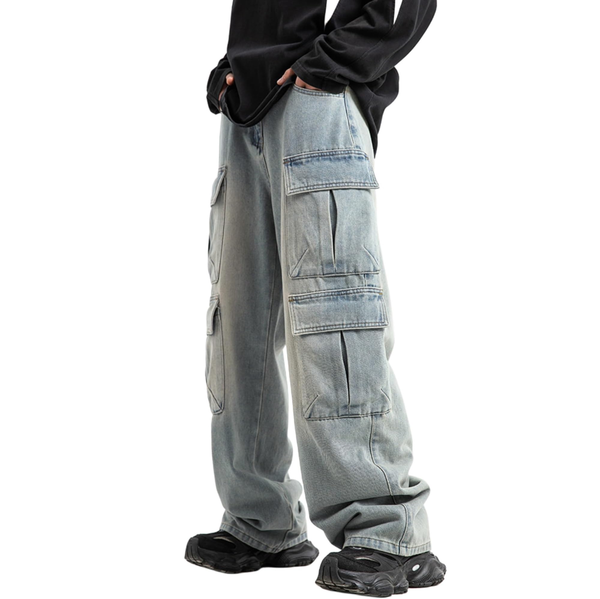 Męskie Baggy Cargo Jeansy Hip Hop Proste Nogawki Sprane Jeansy Casual Denim Spodnie Vintage Hip Hop Jeansy Młodzieżowe Spodnie Skateboardowe Streetwear