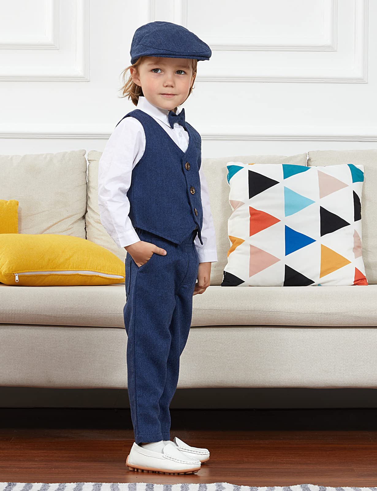 mintgreen Ensemble Bébé Garçon en Tweed à Chevrons, Smoking de Mariage 4pcs Chemise + Pantalon + Gilet + Casquette 1-4 Ans