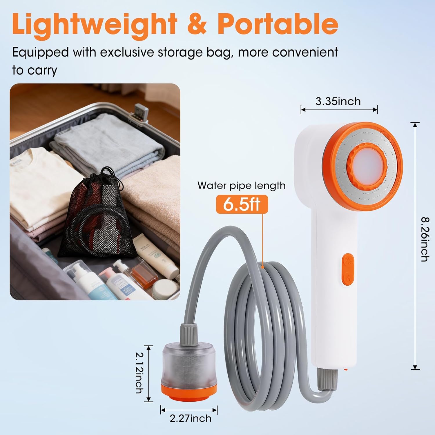 Portable Shower for Camping, 2500mAh Rechargeable Camp Shower Pump with Foldable Bucket and Light, Filtered Shower Head, Outdoor Shower Kit for Travel Pet Bath Car Washing, Wartering Plants