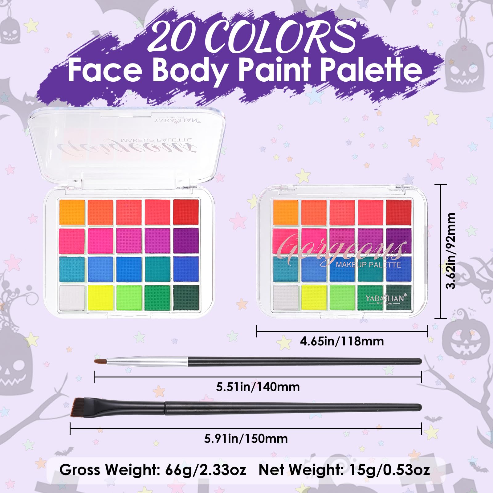 Prreal Zestaw 20 farb do malowania twarzy ze szczotkami, zmywalna paleta do malowania twarzy na bazie wody, paleta do malowania ciała, kolorowe pudrowe cienie do powiek, długotrwałe Halloween, Cosplay