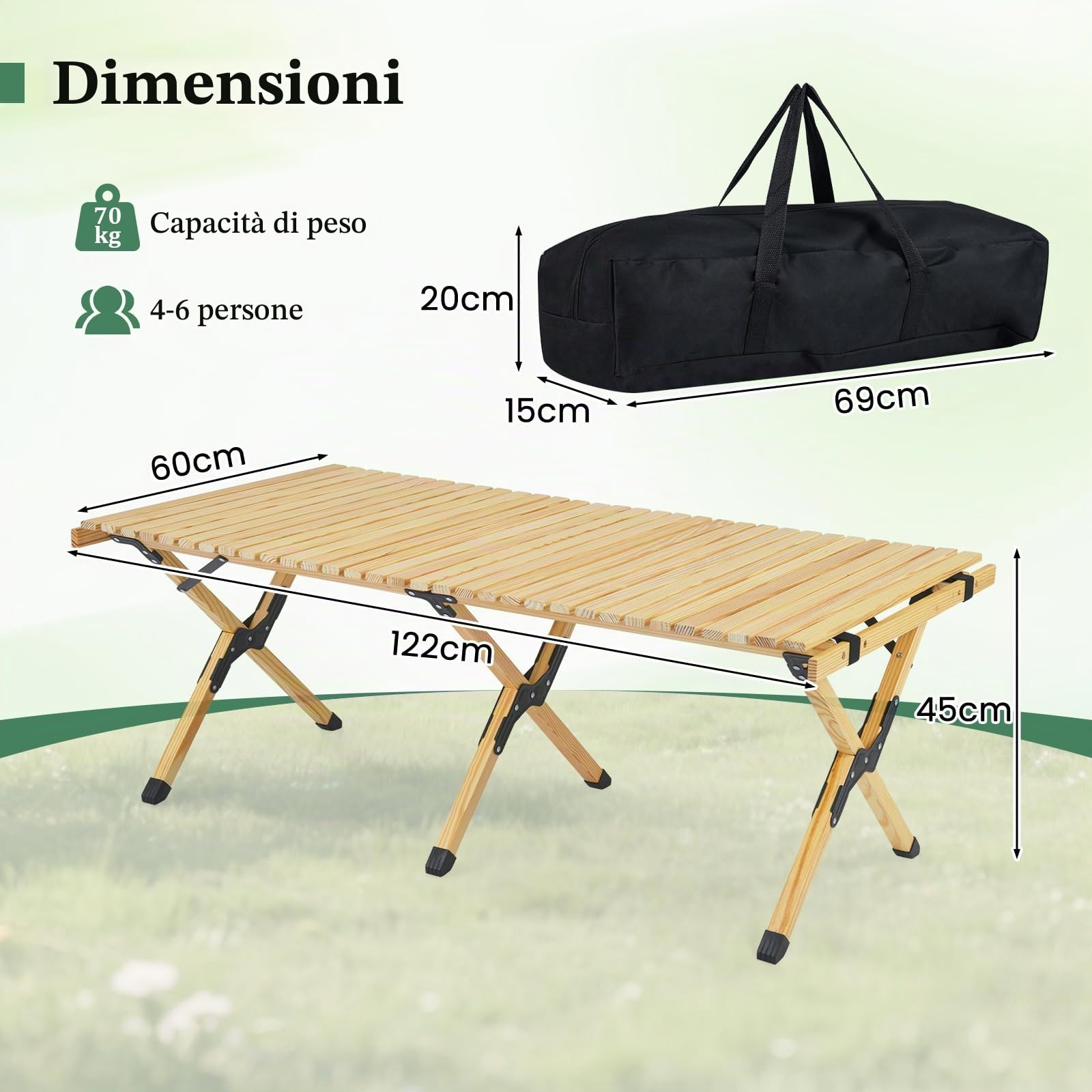 SOARS Tavolo da Campeggio Pieghevole 4-6 Posti, Tavolino Picnic con Piano Arrotolabile in Legno, Tavolo da Esterno Salvaspazio, con Borsa Trasporto, da Giardino, BBQ, Parco, 122 x 60 cm (Naturale)