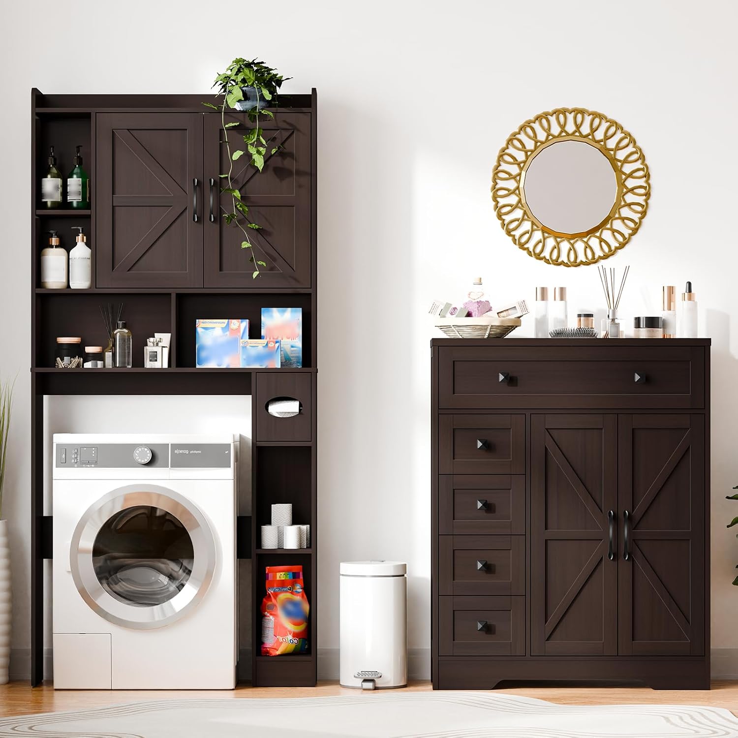 Vabches Farmhouse Storage Cabinet with 2 Doors and 5 Drawers, Freestanding Bathroom Cabinets Kitchen Pantry, Floor Storage Cabinet Hutch Cupboard for Living Room/Bathroom/Kitchen.（Espresso