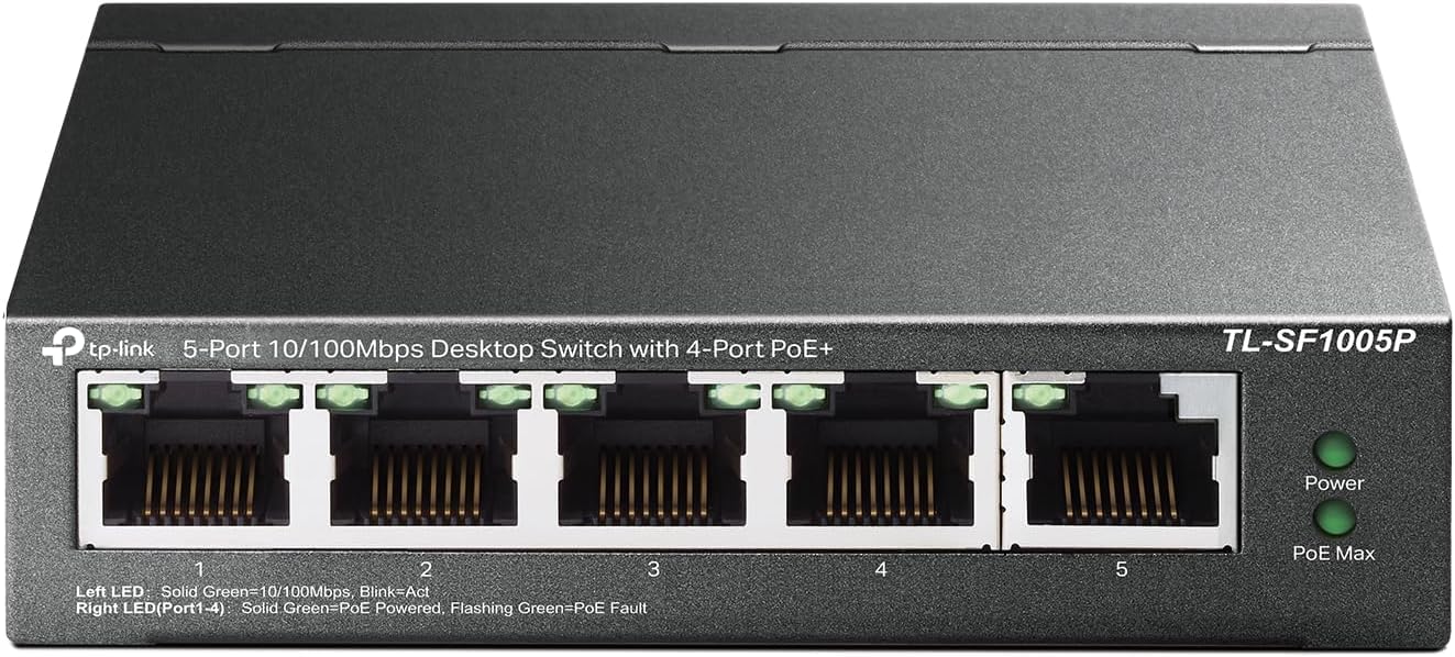TP-Link TL-SF1005P | 5 Port Fast Ethernet PoE Switch | 4 PoE+ 10/100 Mbps Ports @67W-| Desktop-| Plug &amp; Play-| Sturdy Metal w/ Shielded Ports-| Fanless-| Extend &amp; Priority Mode,(Pack of 12)